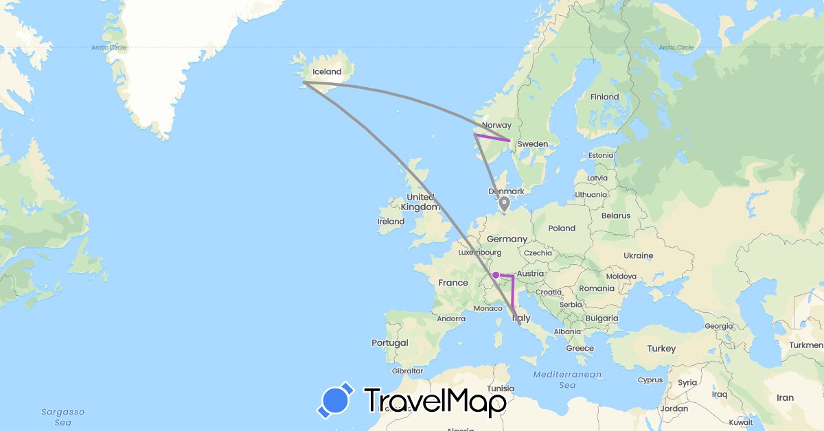 TravelMap itinerary: plane, train in Austria, Switzerland, Germany, Iceland, Italy, Norway (Europe)