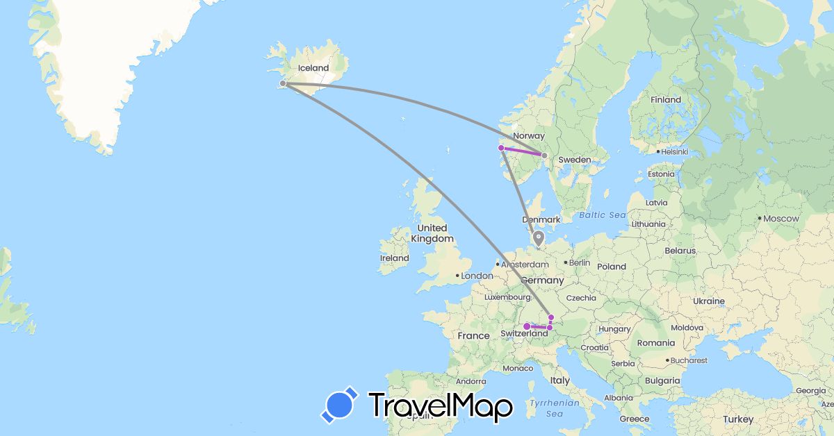 TravelMap itinerary: driving, plane, train in Austria, Switzerland, Germany, Iceland, Norway (Europe)